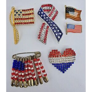 Patriotic Red White & Blue Brooches Pins Rhinestones‎ 4th of July Veterans VTG